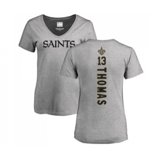 Football Women's New Orleans Saints #13 Michael Thomas Ash Backer V-Neck T-Shirt - Ujersey Shop