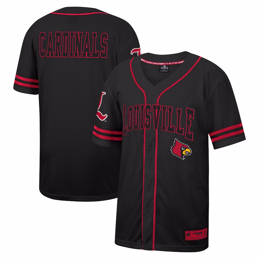 Louisville Cardinals Colosseum Free Spirited Mesh Button-Up Baseball Jersey - Black - Ujersey Shop