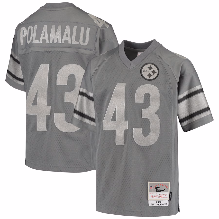 Youth Pittsburgh Steelers Troy Polamalu Mitchell & Ness Charcoal 2005 Retired Player Metal Replica Jersey - Ujersey Shop