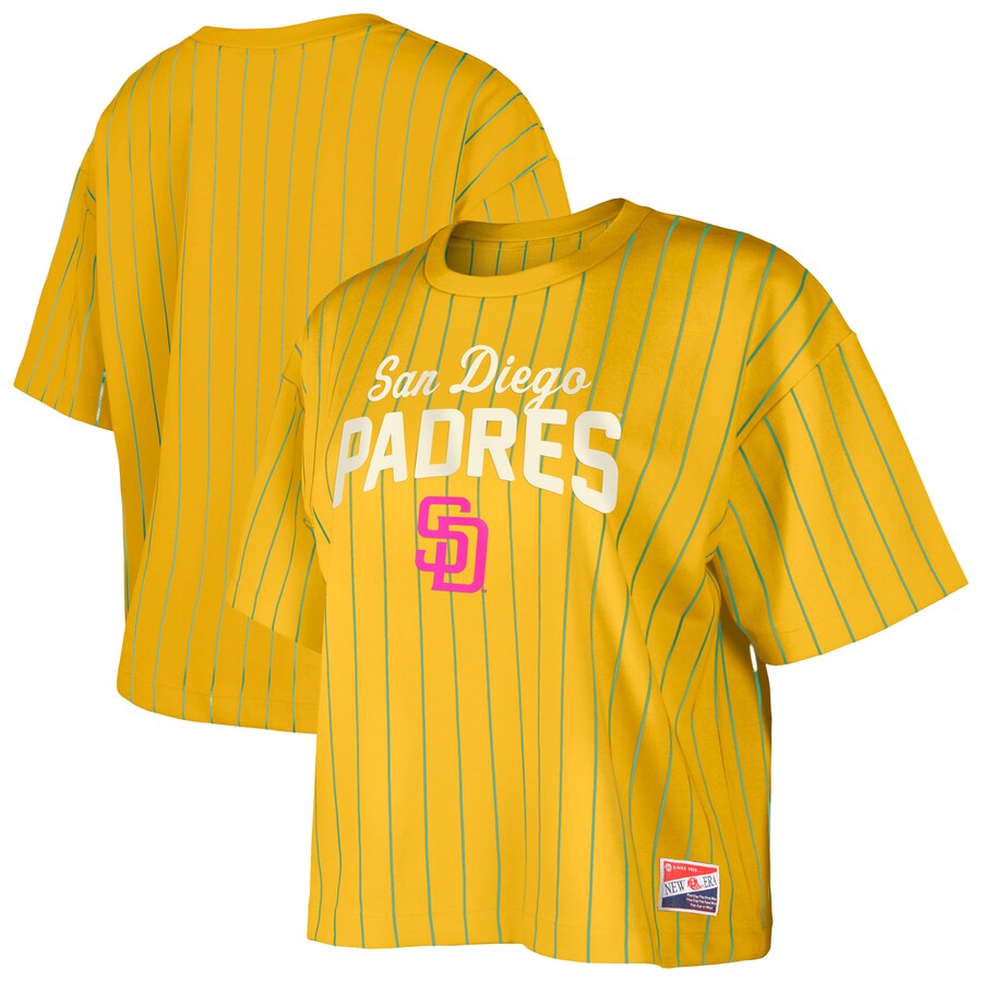Women's San Diego Padres New Era Gold City Connect Multiplier Pinstripe Cropped T-Shirt - Ujersey Shop