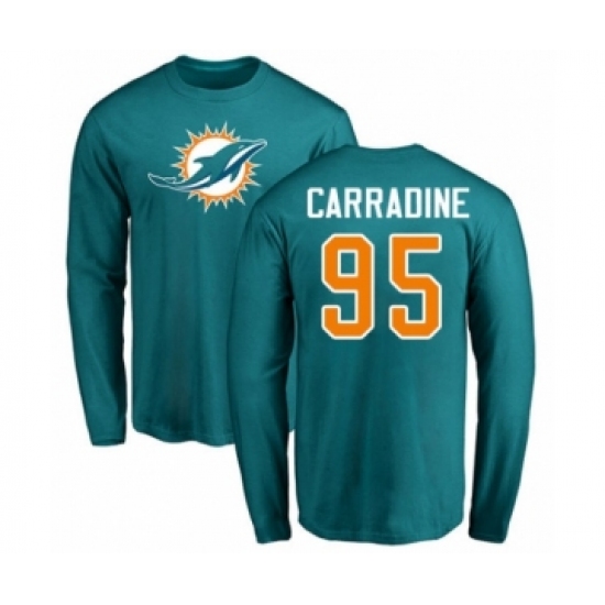 Football Miami Dolphins #95 Tank Carradine Aqua Green Name & Number Logo Long Sleeve T-Shirt - Ujersey Shop