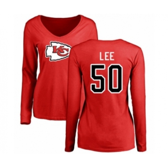 Football Women's Kansas City Chiefs #50 Darron Lee Red Name & Number Logo Slim Fit Long Sleeve T-Shirt - Ujersey Shop