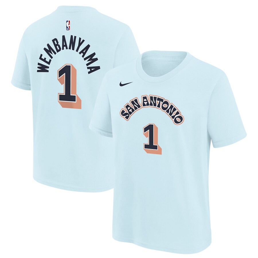 Youth San Antonio Spurs Victor Wembanyama Nike Light Blue 2024/25 City Edition Name & Number T-Shirt - Ujersey Shop