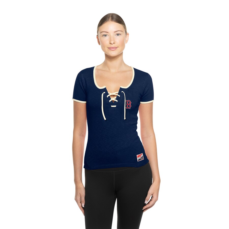 Women's Boston Red Sox New Era Navy Throwback Lace Up T-Shirt - Ujersey Shop