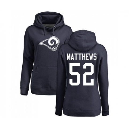 Football Women's Los Angeles Rams #52 Clay Matthews Navy Blue Name & Number Logo Pullover Hoodie - Ujersey Shop