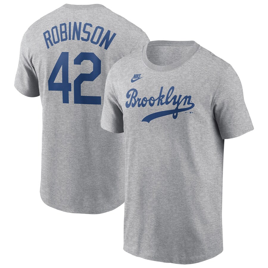 Men's Brooklyn Dodgers Jackie Robinson Nike Heather Gray Cooperstown Collection Fuse Name & Number T-Shirt - Ujersey Shop