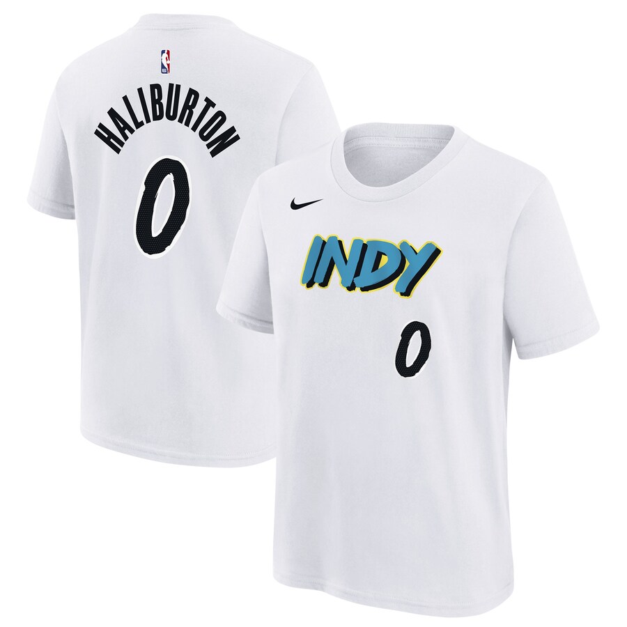 Youth Indiana Pacers Tyrese Haliburton Nike White 2024/25 City Edition Name & Number T-Shirt - Ujersey Shop