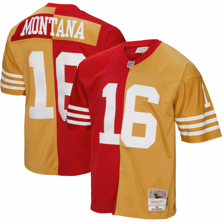 Men's San Francisco 49ers Joe Montana Mitchell & Ness Scarlet/Gold 1990 Split Legacy Replica Jersey - Ujersey Shop