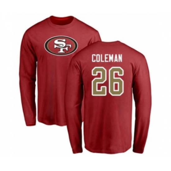 Football San Francisco 49ers #26 Tevin Coleman Red Name & Number Logo Long Sleeve T-Shirt - Ujersey Shop