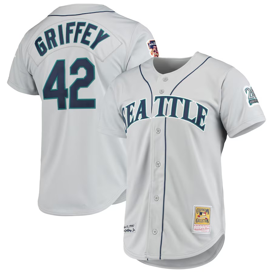 Men's Seattle Mariners Ken Griffey Jr. Mitchell & Ness Gray 20th Anniversary Cooperstown Collection Authentic Jersey - Ujersey Shop