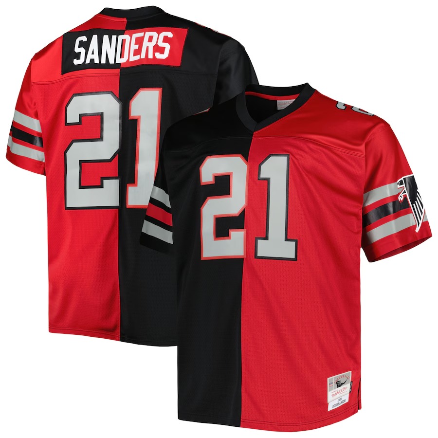Men's Atlanta Falcons Deion Sanders Mitchell & Ness Black/Red Big & Tall Split Legacy Retired Player Replica Jersey - Ujersey Shop