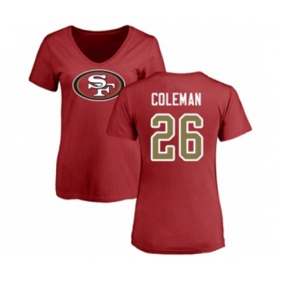 Football Women's San Francisco 49ers #26 Tevin Coleman Red Name & Number Logo T-Shirt - Ujersey Shop