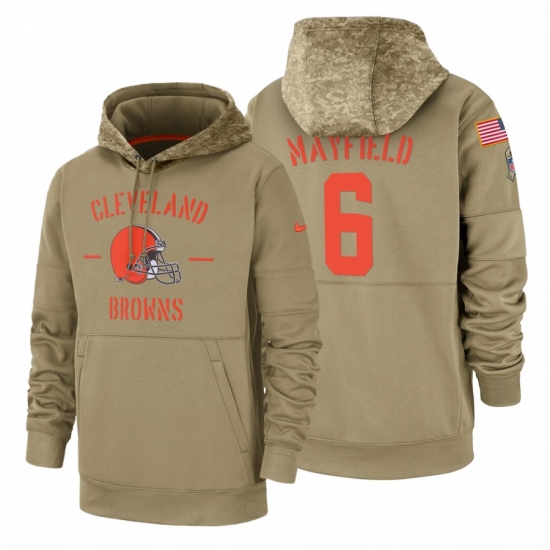 Men's Cleveland Browns Baker Mayfield #6 2019 Salute to Service Tan Sideline Therma Pullover Hoodie - Ujersey Shop