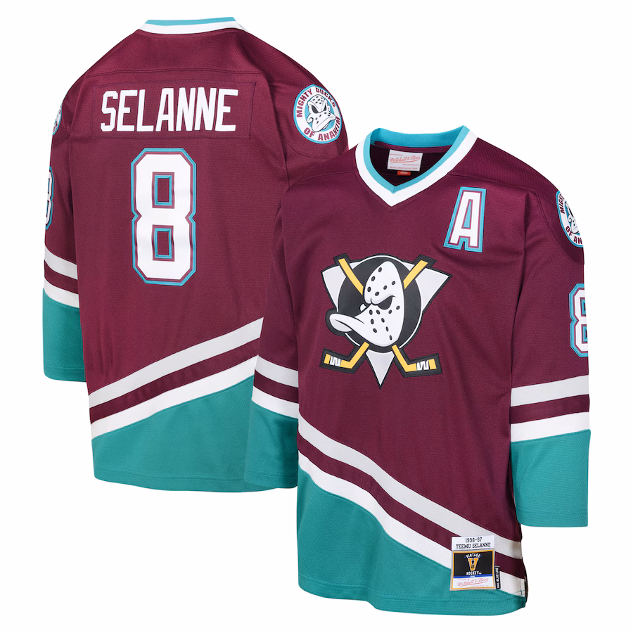 Youth Anaheim Ducks Teemu Selanne Mitchell & Ness Maroon 1996 Blue Line Player Jersey - Ujersey Shop