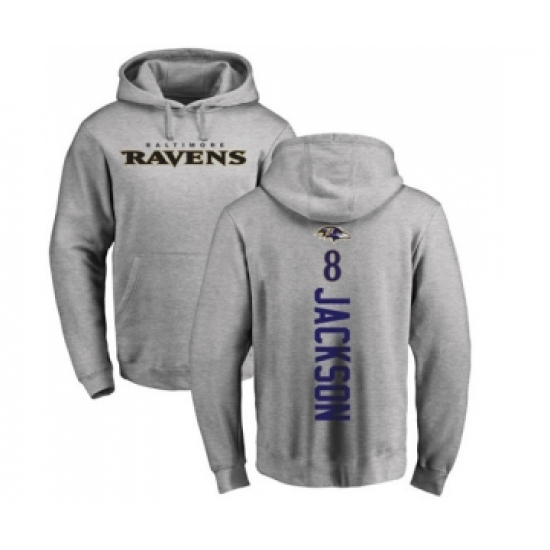 Football Baltimore Ravens #8 Lamar Jackson Ash Backer Pullover Hoodie - Ujersey Shop