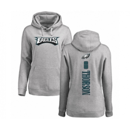 Women's Philadelphia Eagles #8 Clayton Thorson Ash Backer Pullover Hoodie - Ujersey Shop
