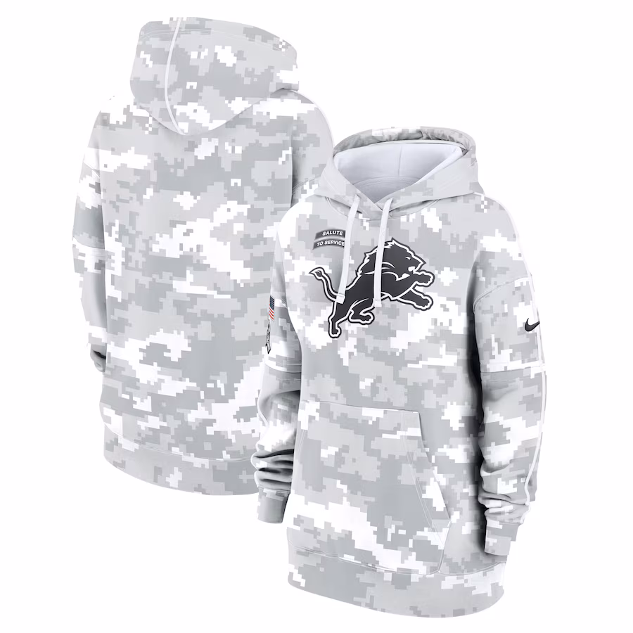 Women's Detroit Lions Nike Arctic Camo 2024 Salute To Service Club Fleece Pullover Hoodie - Ujersey Shop