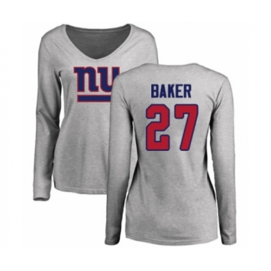 Football New York Giants #27 Deandre Baker Red Name & Number Logo Long Sleeve T-Shirt - Ujersey Shop