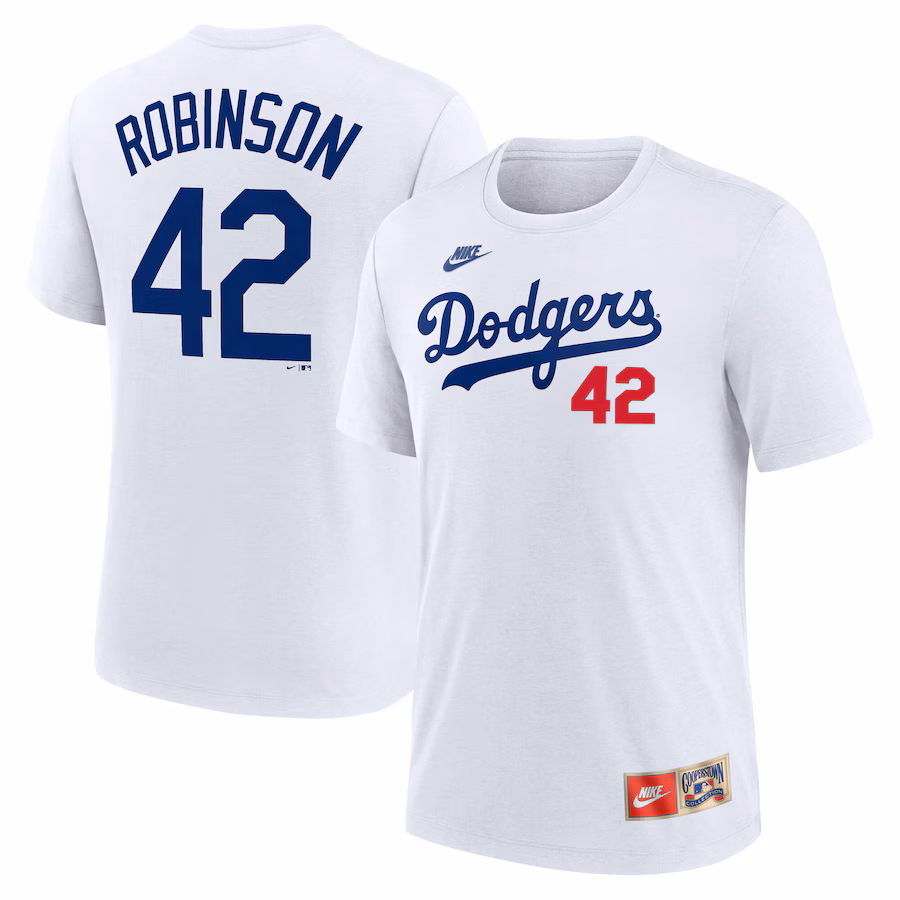 Men's Brooklyn Dodgers Jackie Robinson Nike White Cooperstown Collection Tri-Blend Name & Number T-Shirt - Ujersey Shop