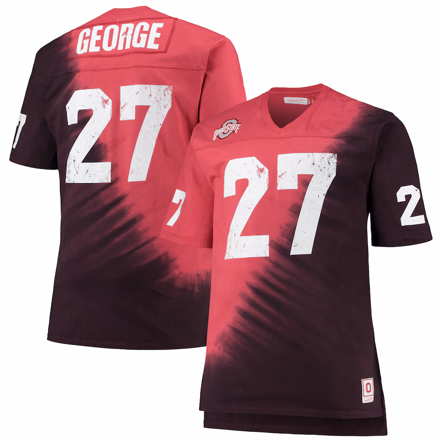 Men's Mitchell & Ness Eddie George Scarlet/Black Ohio State Buckeyes Name & Number Tie-Dye V-Neck T-Shirt - Ujersey Shop