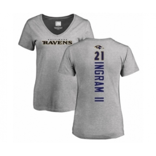 Football Women's Baltimore Ravens #21 Mark Ingram II Ash Backer V-Neck T-Shirt - Ujersey Shop