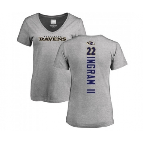 Football Women's Baltimore Ravens #22 Mark Ingram II Ash Backer V-Neck T-Shirt - Ujersey Shop