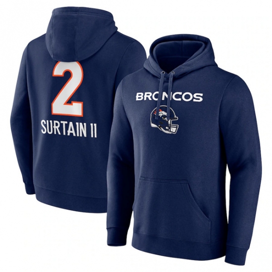 Men's Denver Broncos #2 Pat Surtain II Navy Team Wordmark Name & Number Pullover Hoodie - Ujersey Shop