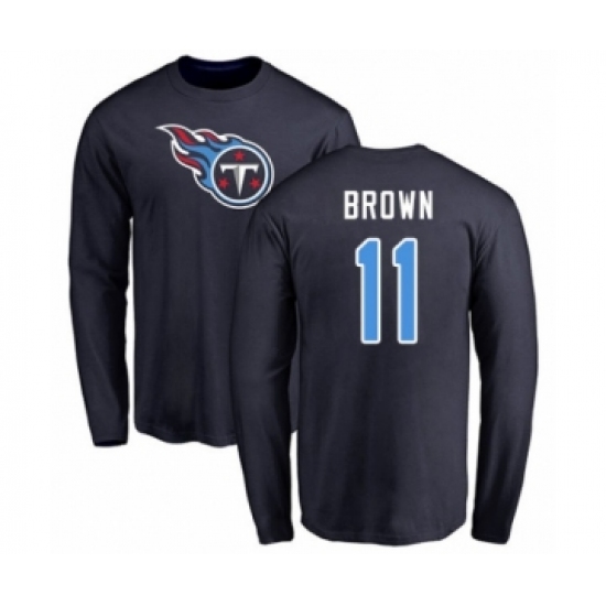 Football Tennessee Titans #11 A.J. Brown Navy Blue Name & Number Logo Long Sleeve T-Shirt - Ujersey Shop