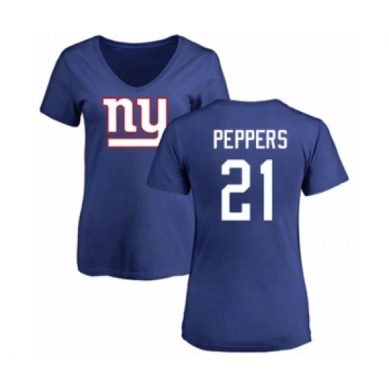 Football Women's New York Giants #21 Jabrill Peppers Royal Blue Name & Number Logo T-Shirt - Ujersey Shop