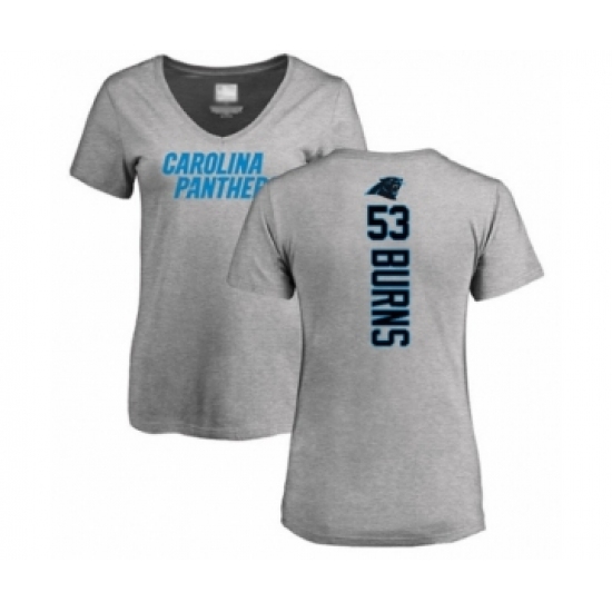 Football Women's Carolina Panthers #53 Brian Burns Ash Backer V-Neck T-Shirt - Ujersey Shop