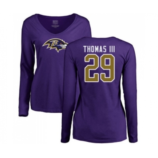 Football Women's Baltimore Ravens #29 Earl Thomas III Purple Name & Number Logo Long Sleeve T-Shirt - Ujersey Shop