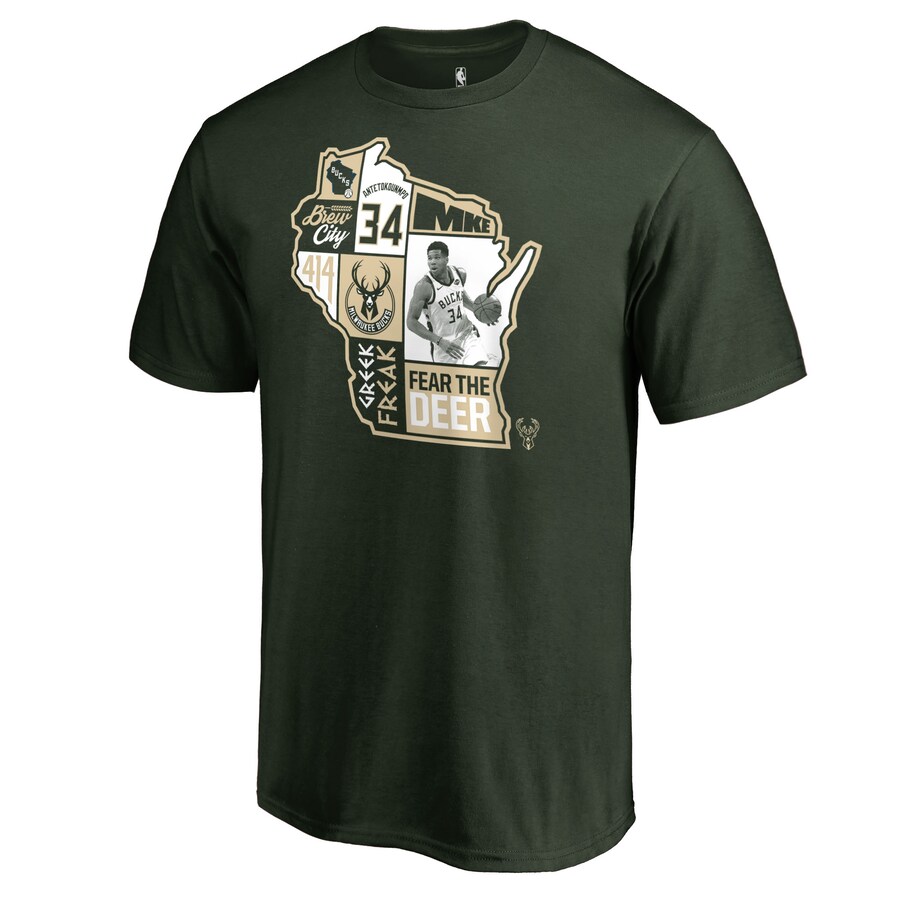 Men's Milwaukee Bucks Giannis Antetokounmpo Hunter Green Player State T-Shirt - Ujersey Shop