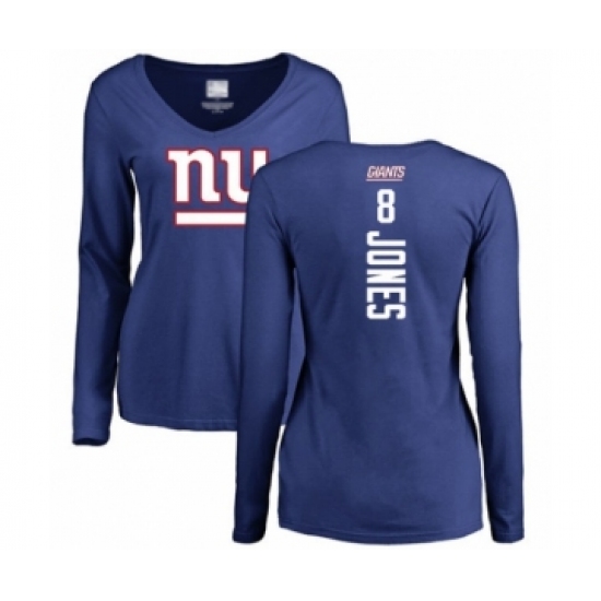 Football Women's New York Giants #8 Daniel Jones Royal Blue Backer Long Sleeve T-Shirt - Ujersey Shop