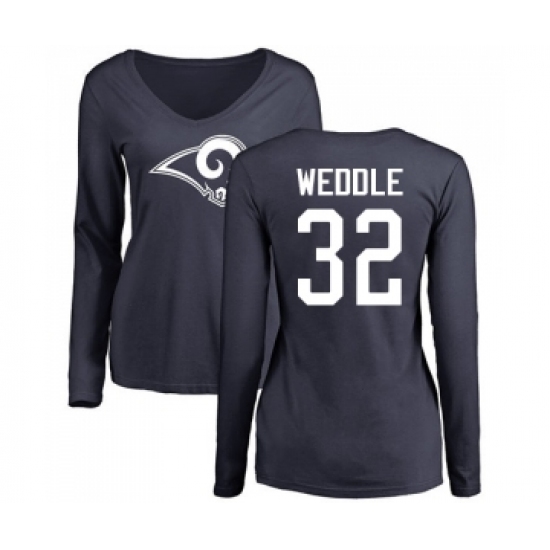 Football Women's Los Angeles Rams #32 Eric Weddle Navy Blue Name & Number Logo Slim Fit Long Sleeve T-Shirt - Ujersey Shop