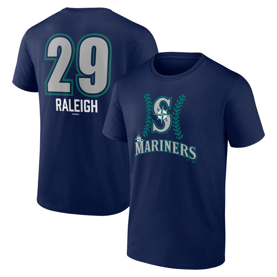 Men's Seattle Mariners Cal Raleigh Navy Name & Number Fastball T-Shirt - Ujersey Shop