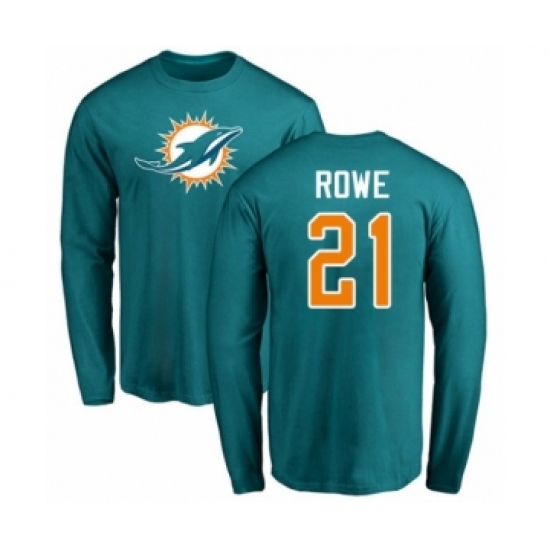 Football Miami Dolphins #21 Eric Rowe Aqua Green Name & Number Logo Long Sleeve T-Shirt - Ujersey Shop