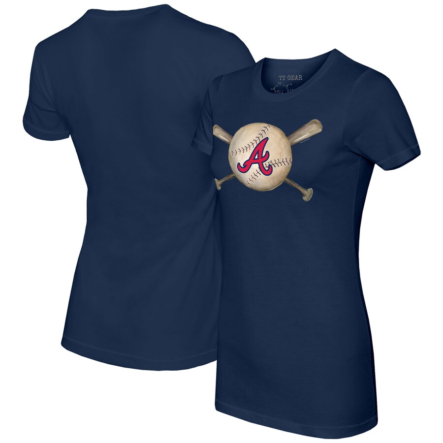 Women's Atlanta Braves Tiny Turnip Navy Baseball Cross Bats T-Shirt - Ujersey Shop