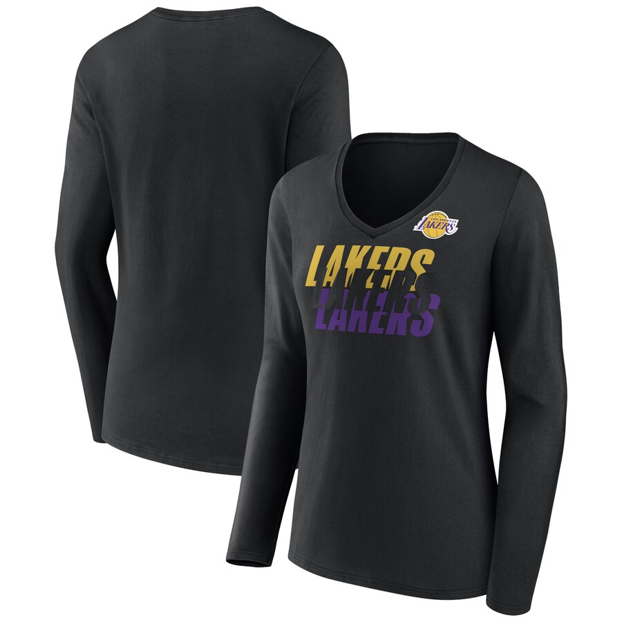Women's Los Angeles Lakers Black Tumble V-Neck Long Sleeve T-Shirt - Ujersey Shop