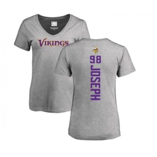 Football Women's Minnesota Vikings #98 Linval Joseph Ash Backer V-Neck T-Shirt - Ujersey Shop