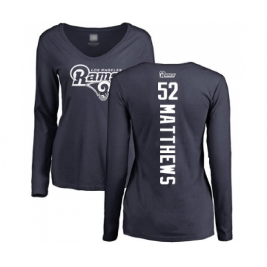 Football Women's Los Angeles Rams #52 Clay Matthews Navy Blue Backer Slim Fit Long Sleeve T-Shirt - Ujersey Shop
