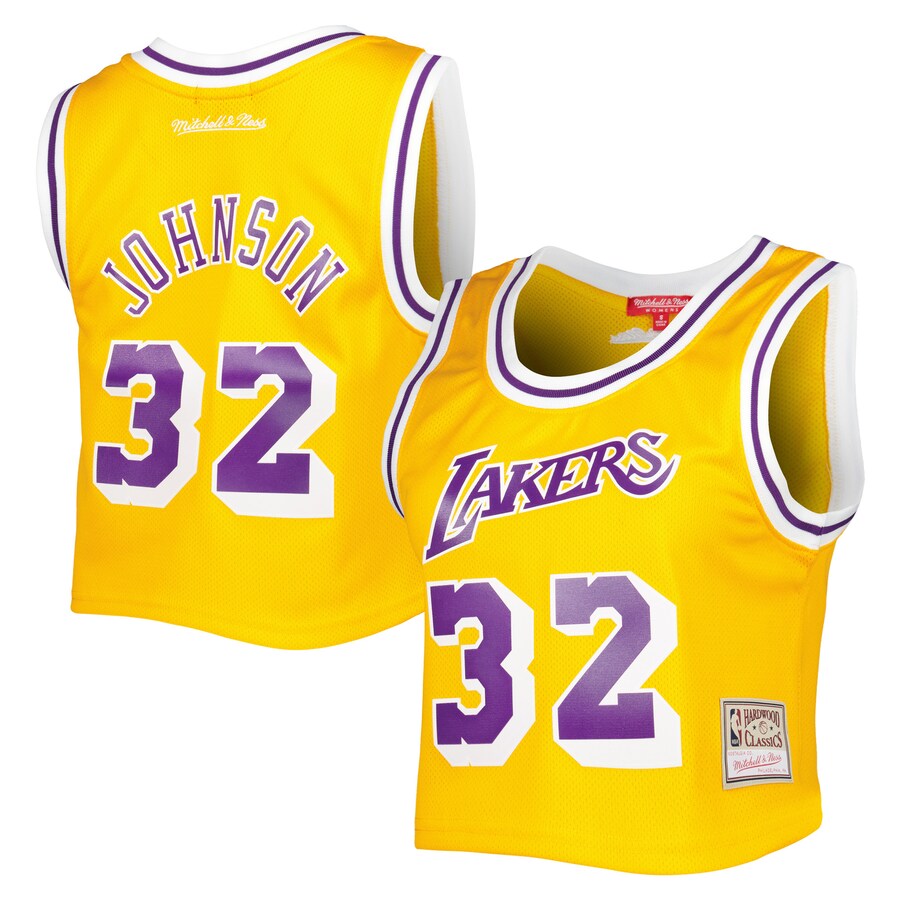 Women's Los Angeles Lakers Magic Johnson Mitchell & Ness Gold 1984 Hardwood Classics Crop Player Tank Top - Ujersey Shop