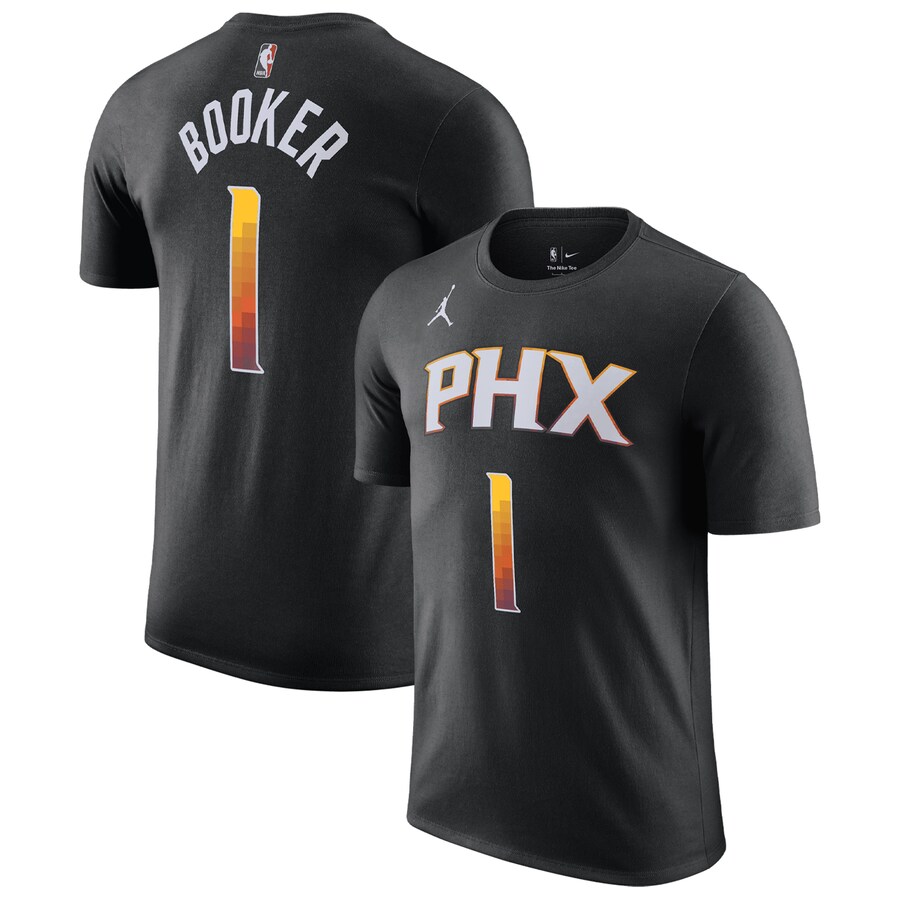 Men's Phoenix Suns Devin Booker Jordan Brand Black 2022/23 Statement Edition Name & Number T-Shirt - Ujersey Shop