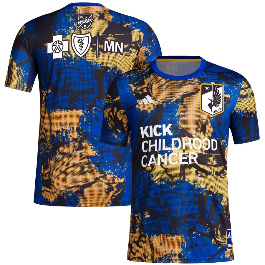 Men's Minnesota United FC adidas Royal 2023 MLS Works Kick Childhood Cancer x Marvel Pre-Match Top - Ujersey Shop