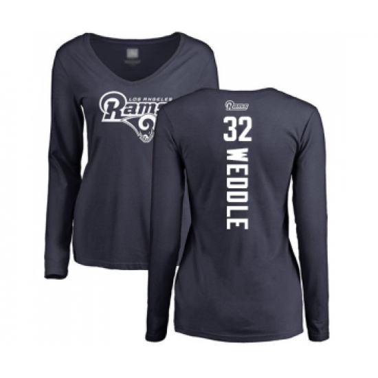 Football Women's Los Angeles Rams #32 Eric Weddle Navy Blue Backer Slim Fit Long Sleeve T-Shirt - Ujersey Shop