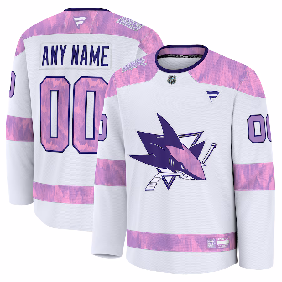 Men's San Jose Sharks Fanatics White 2024 Hockey Fights Cancer Custom Practice Jersey - Ujersey Shop
