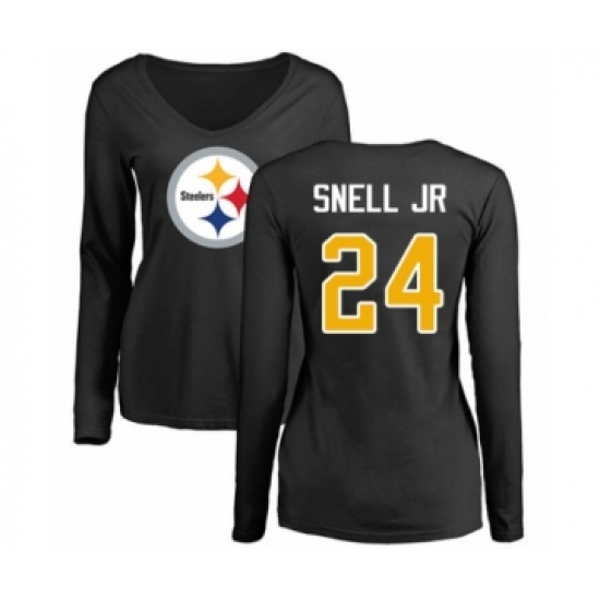 Women's Pittsburgh Steelers #24 Benny Snell Jr. Black Name & Number Logo Slim Fit Long Sleeve T-Shirt - Ujersey Shop