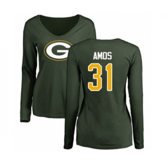 Football Women's Green Bay Packers #31 Adrian Amos Green Name & Number Logo Long Sleeve T-Shirt - Ujersey Shop