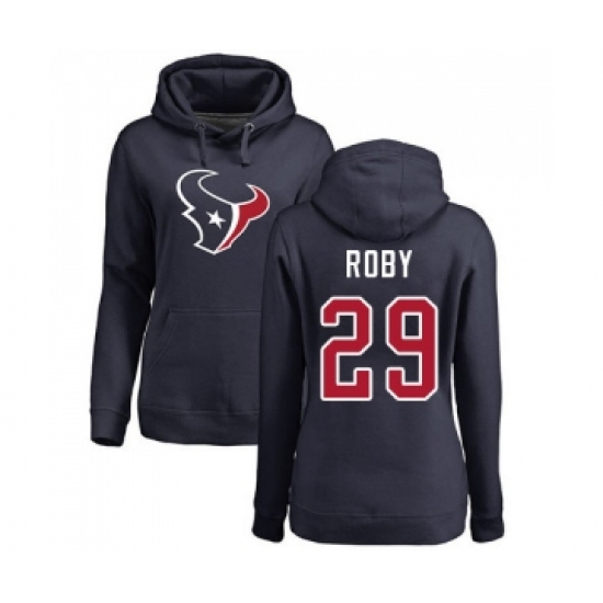 Football Women's Houston Texans #29 Bradley Roby Navy Blue Name & Number Logo Pullover Hoodie - Ujersey Shop