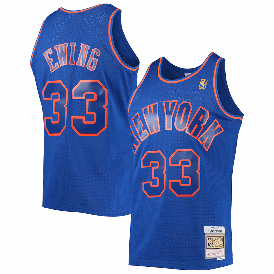 Men's New York Knicks Patrick Ewing Mitchell & Ness Blue 1996/97 Hardwood Classics Swingman Jersey - Ujersey Shop