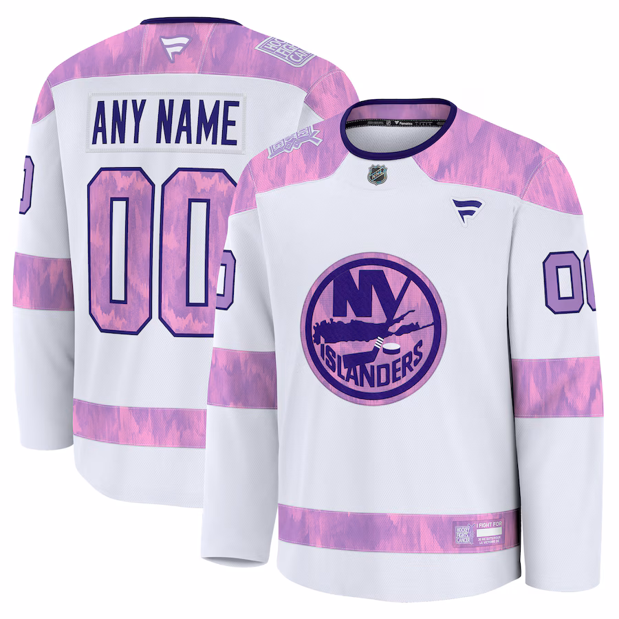 Men's New York Islanders Fanatics White 2024 Hockey Fights Cancer Custom Practice Jersey - Ujersey Shop